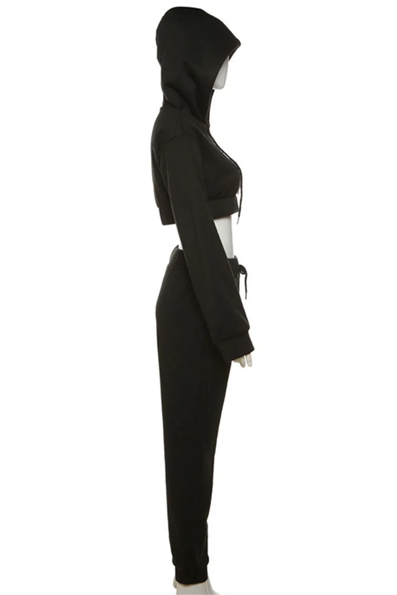 UJ609 Hood Crop Jacket Top and Pants Set