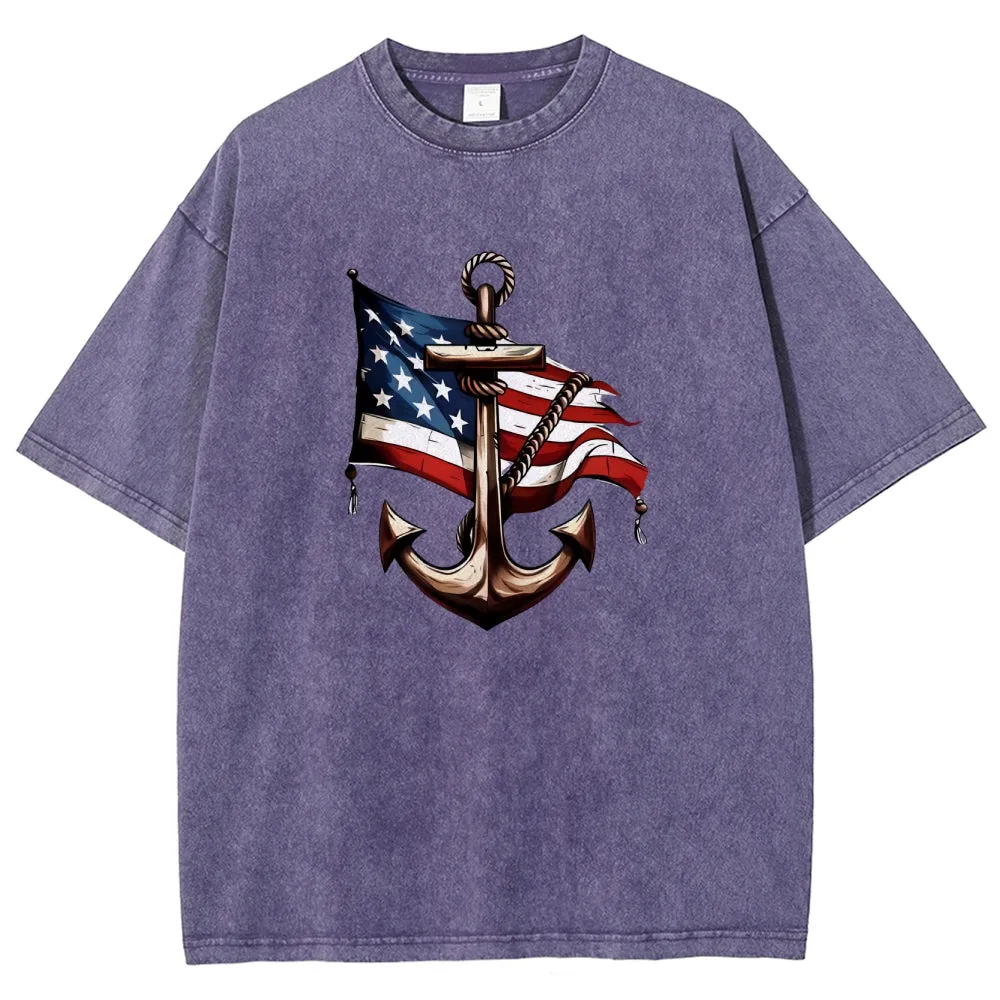 Unisex American Flag and Anchor Graphic Vintage Washed Tee