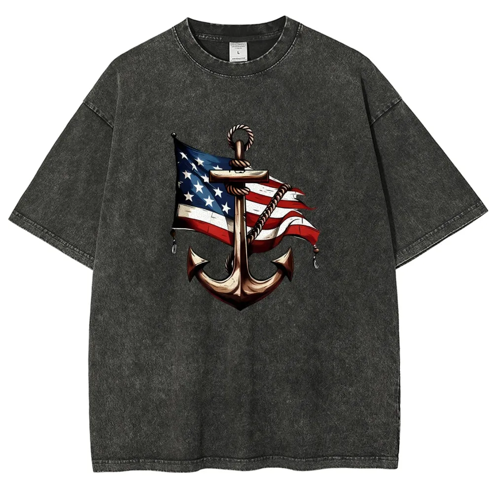 Unisex American Flag and Anchor Graphic Vintage Washed Tee