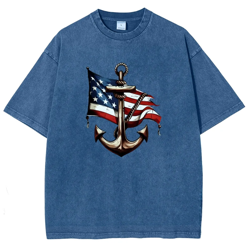 Unisex American Flag and Anchor Graphic Vintage Washed Tee