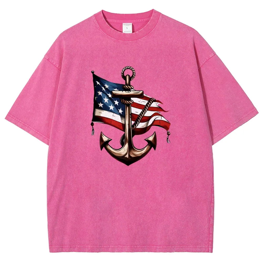 Unisex American Flag and Anchor Graphic Vintage Washed Tee