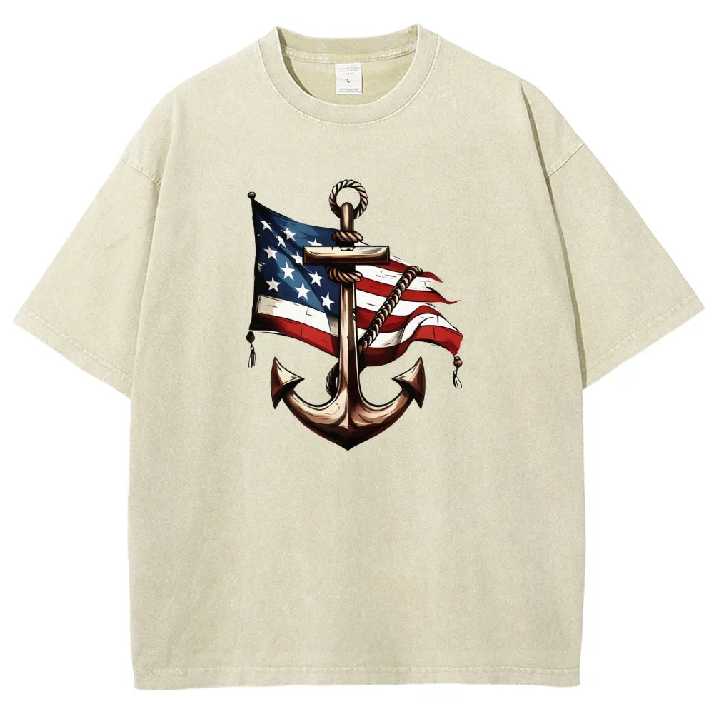 Unisex American Flag and Anchor Graphic Vintage Washed Tee