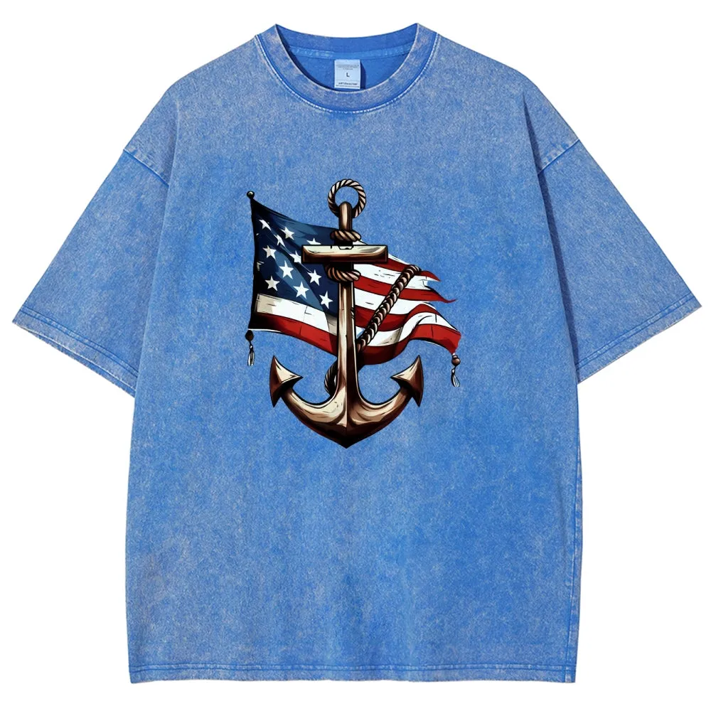 Unisex American Flag and Anchor Graphic Vintage Washed Tee
