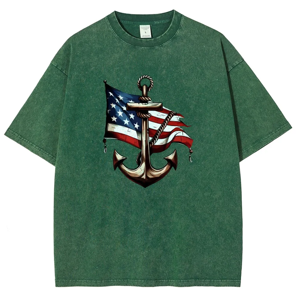 Unisex American Flag and Anchor Graphic Vintage Washed Tee