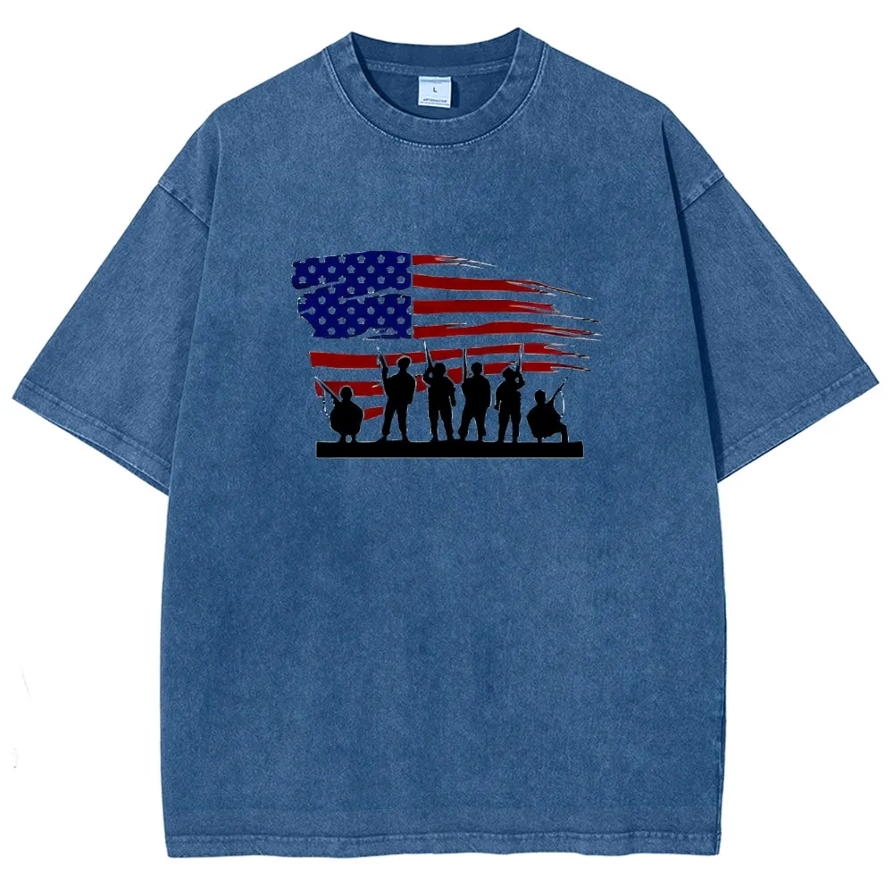 Unisex American Flag And Soldier Graphic Vintage Washed Tee