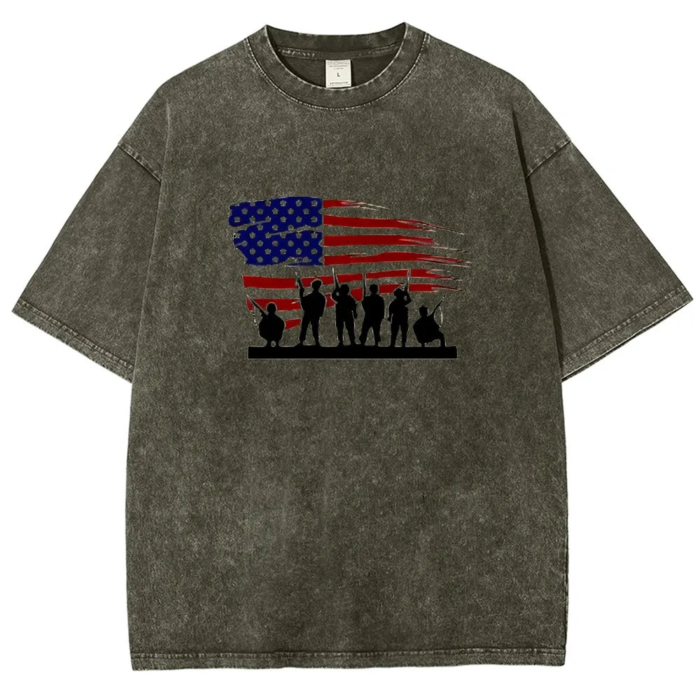 Unisex American Flag And Soldier Graphic Vintage Washed Tee
