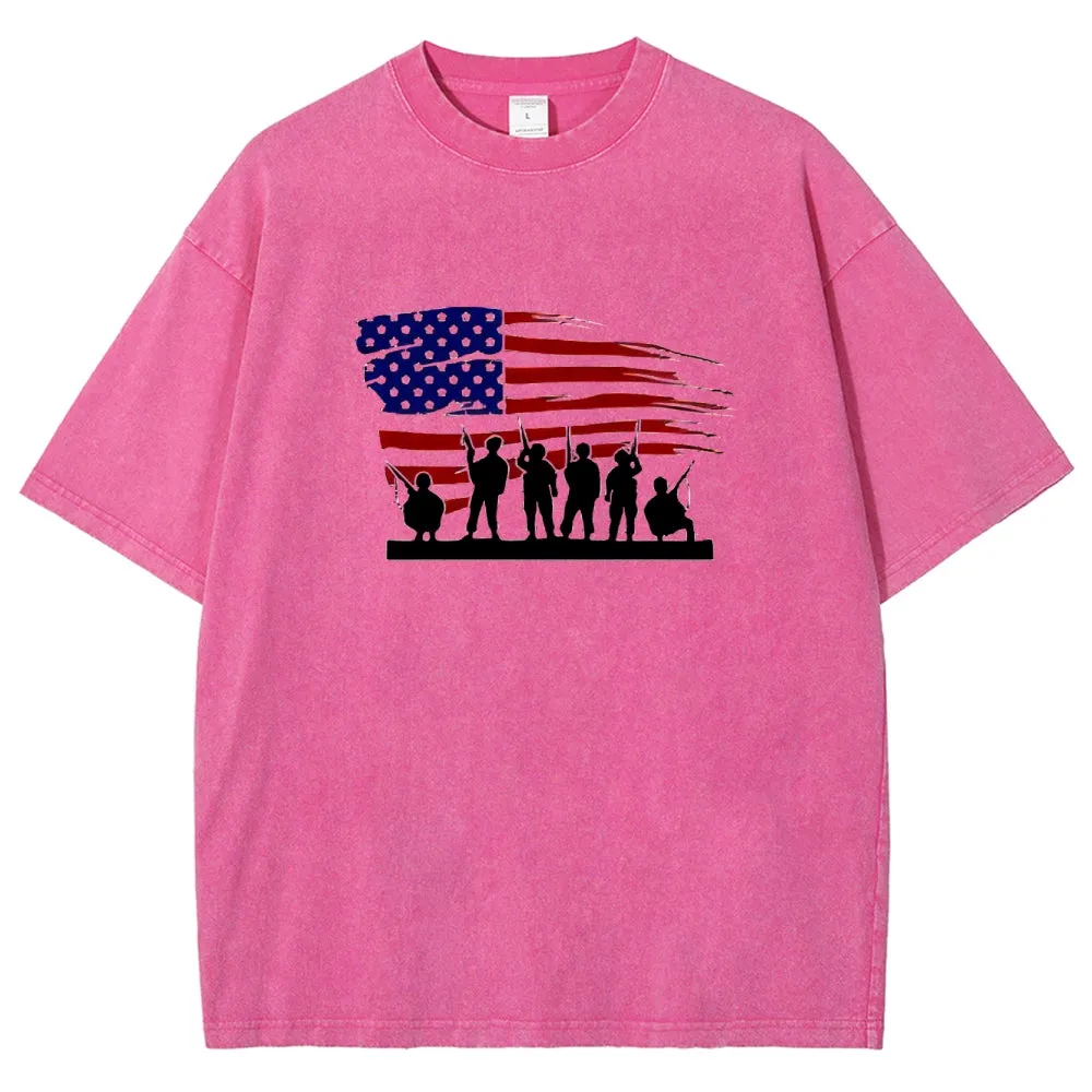 Unisex American Flag And Soldier Graphic Vintage Washed Tee