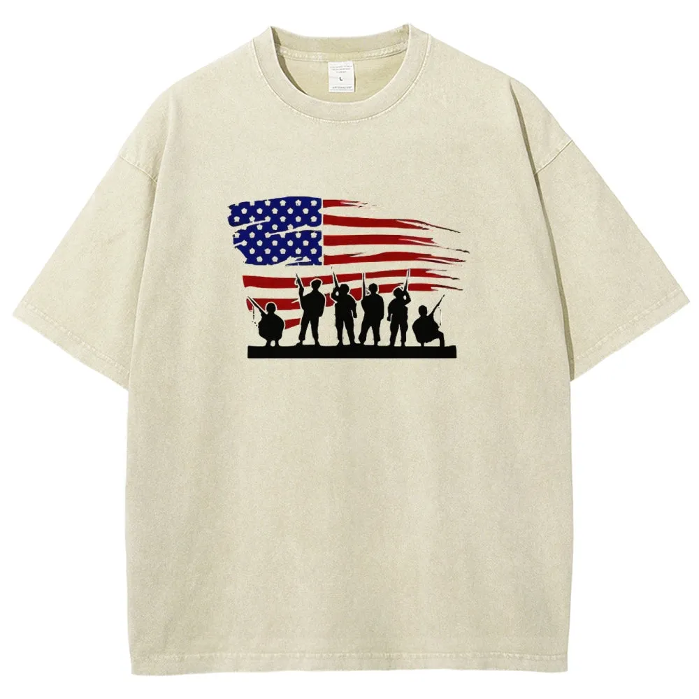 Unisex American Flag And Soldier Graphic Vintage Washed Tee