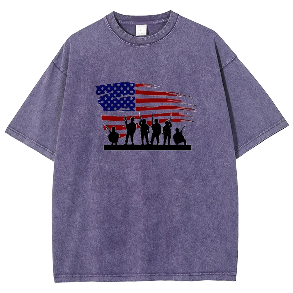Unisex American Flag And Soldier Graphic Vintage Washed Tee