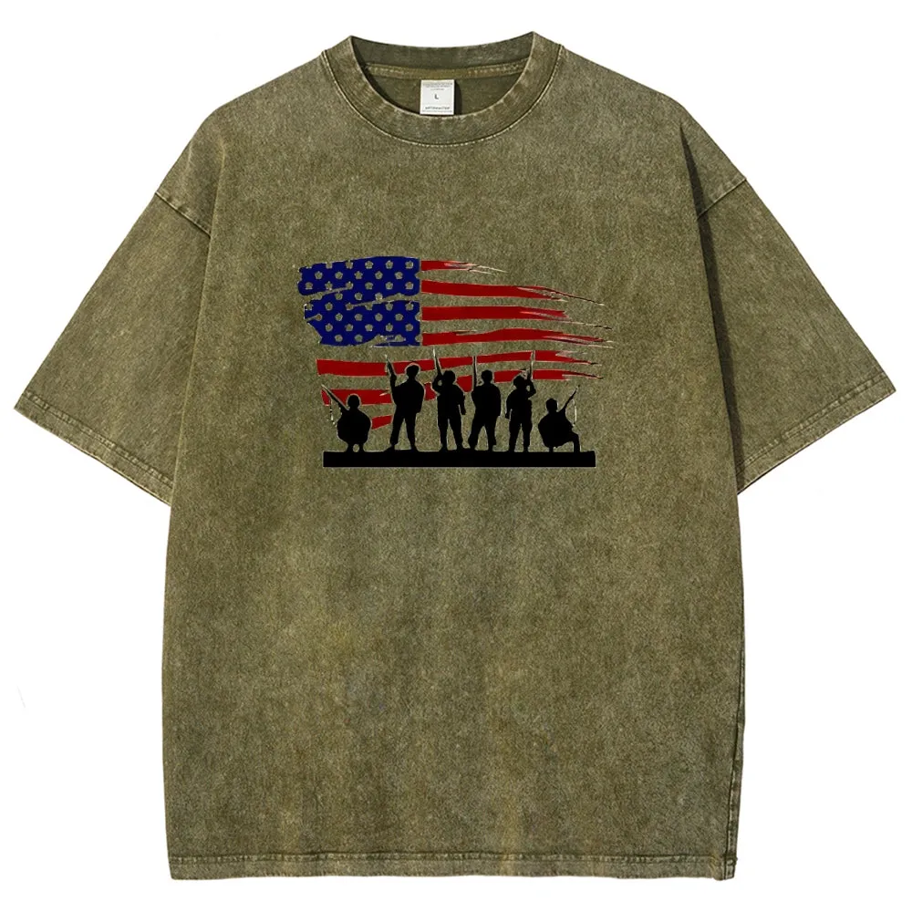 Unisex American Flag And Soldier Graphic Vintage Washed Tee