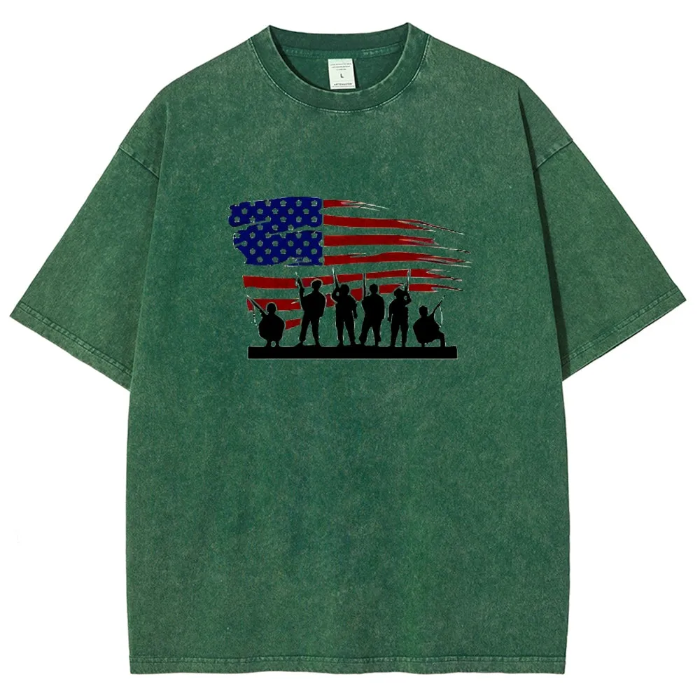 Unisex American Flag And Soldier Graphic Vintage Washed Tee