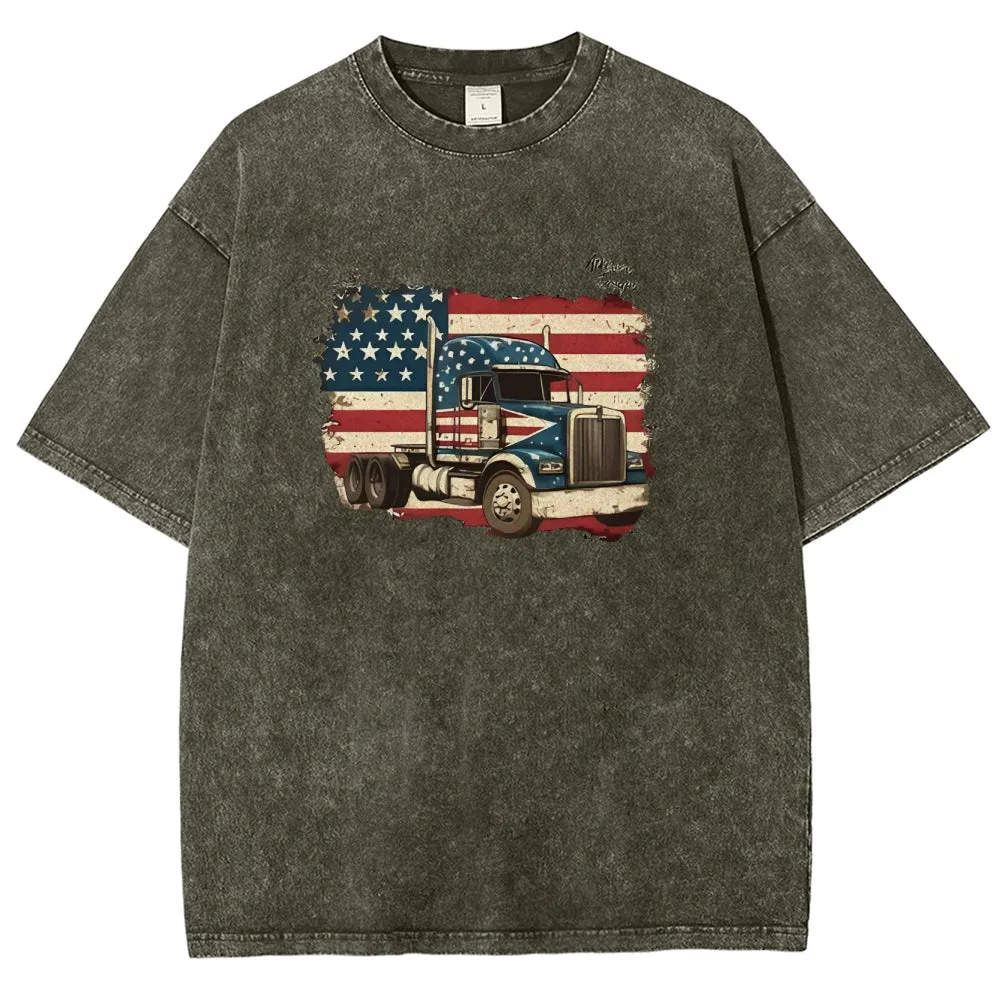 Unisex American Flag And Truck Graphic Vintage Washed Tee