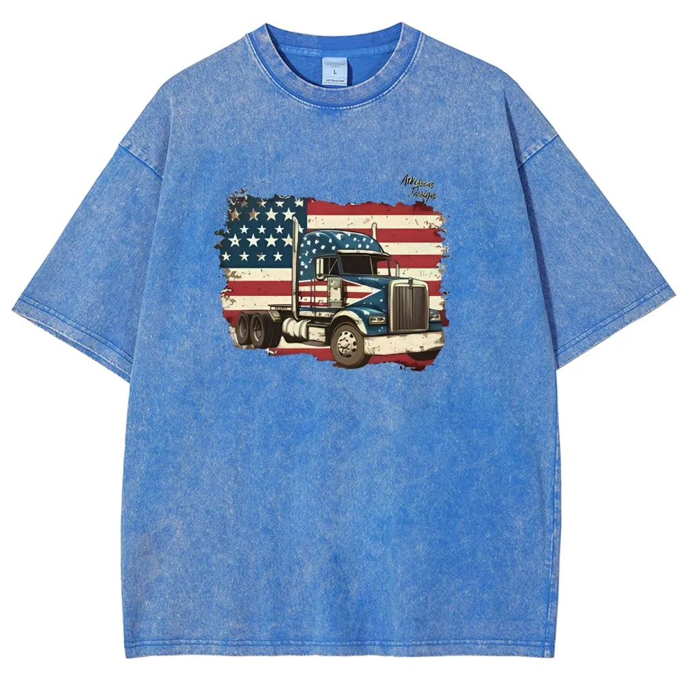 Unisex American Flag And Truck Graphic Vintage Washed Tee