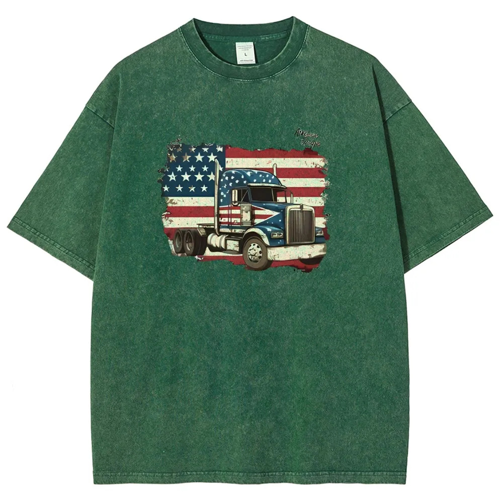 Unisex American Flag And Truck Graphic Vintage Washed Tee