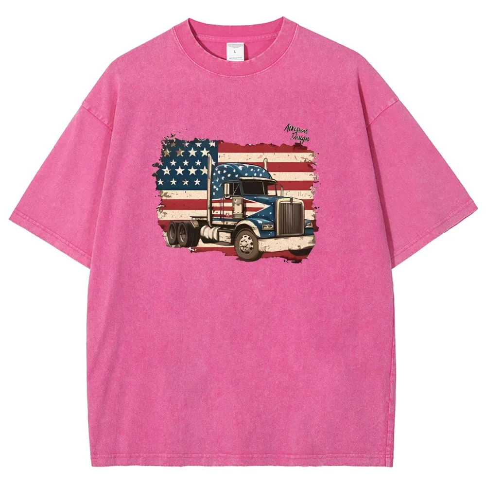 Unisex American Flag And Truck Graphic Vintage Washed Tee