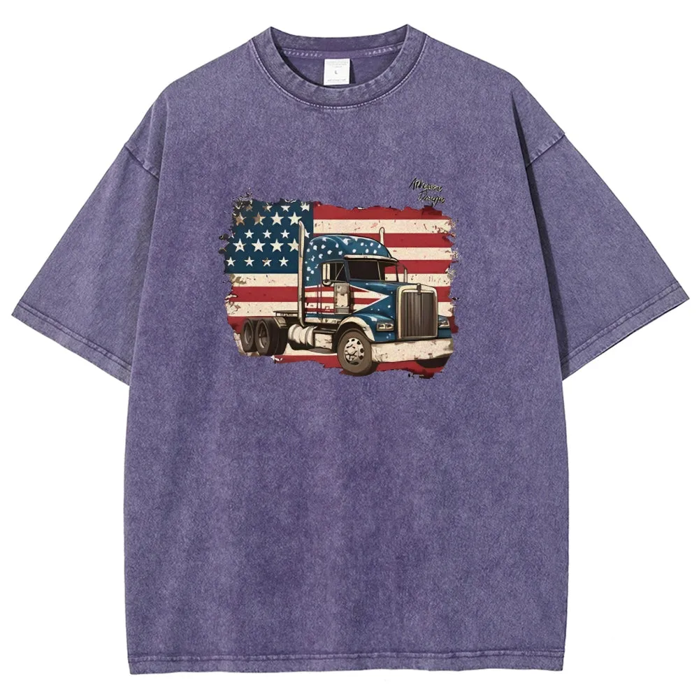 Unisex American Flag And Truck Graphic Vintage Washed Tee