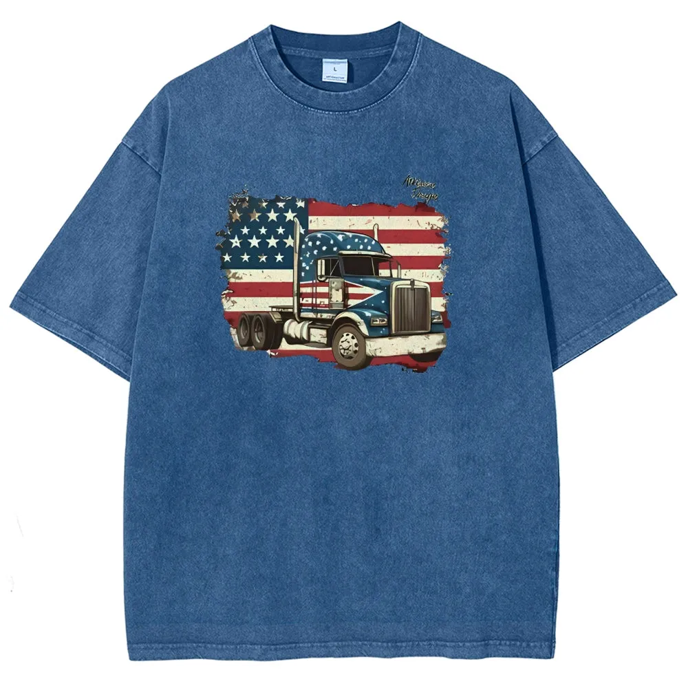 Unisex American Flag And Truck Graphic Vintage Washed Tee