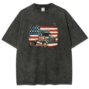 Unisex American Flag And Truck Graphic Vintage Washed Tee