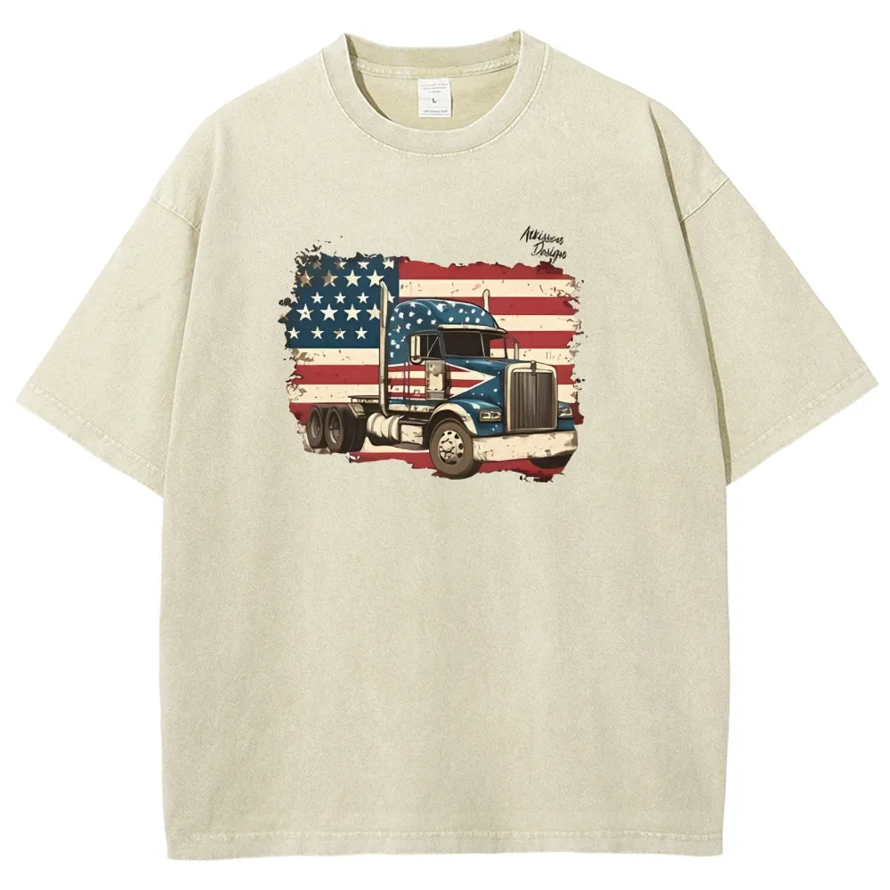 Unisex American Flag And Truck Graphic Vintage Washed Tee
