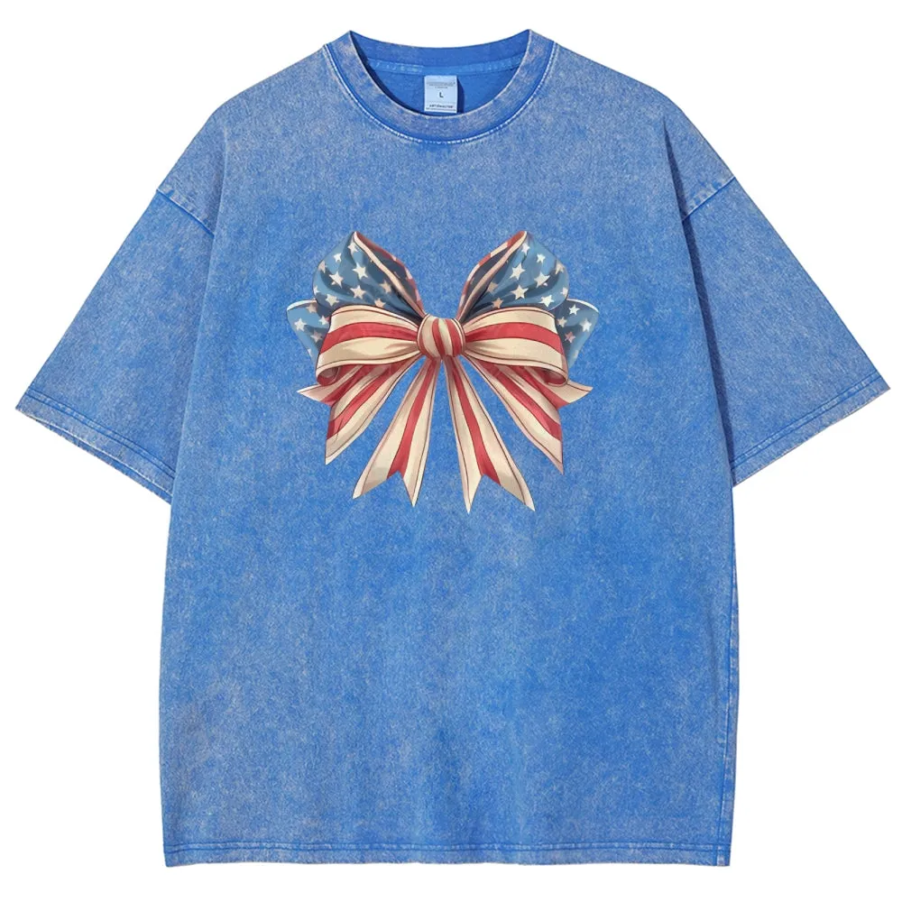 Unisex American Flag Coquette Bow Graphic Vintage Washed Tee
