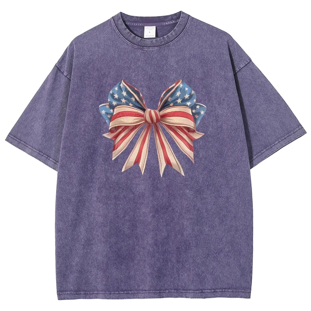 Unisex American Flag Coquette Bow Graphic Vintage Washed Tee