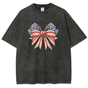 Unisex American Flag Coquette Bow Graphic Vintage Washed Tee