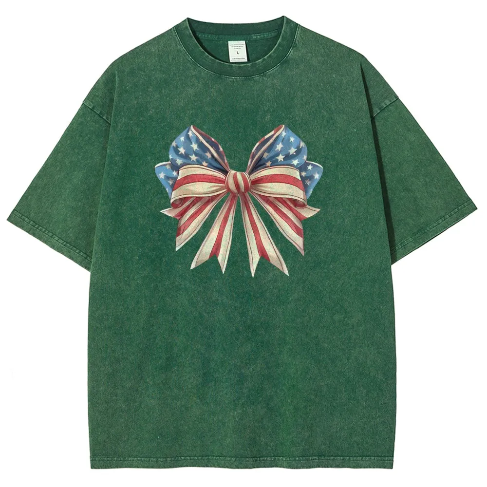 Unisex American Flag Coquette Bow Graphic Vintage Washed Tee