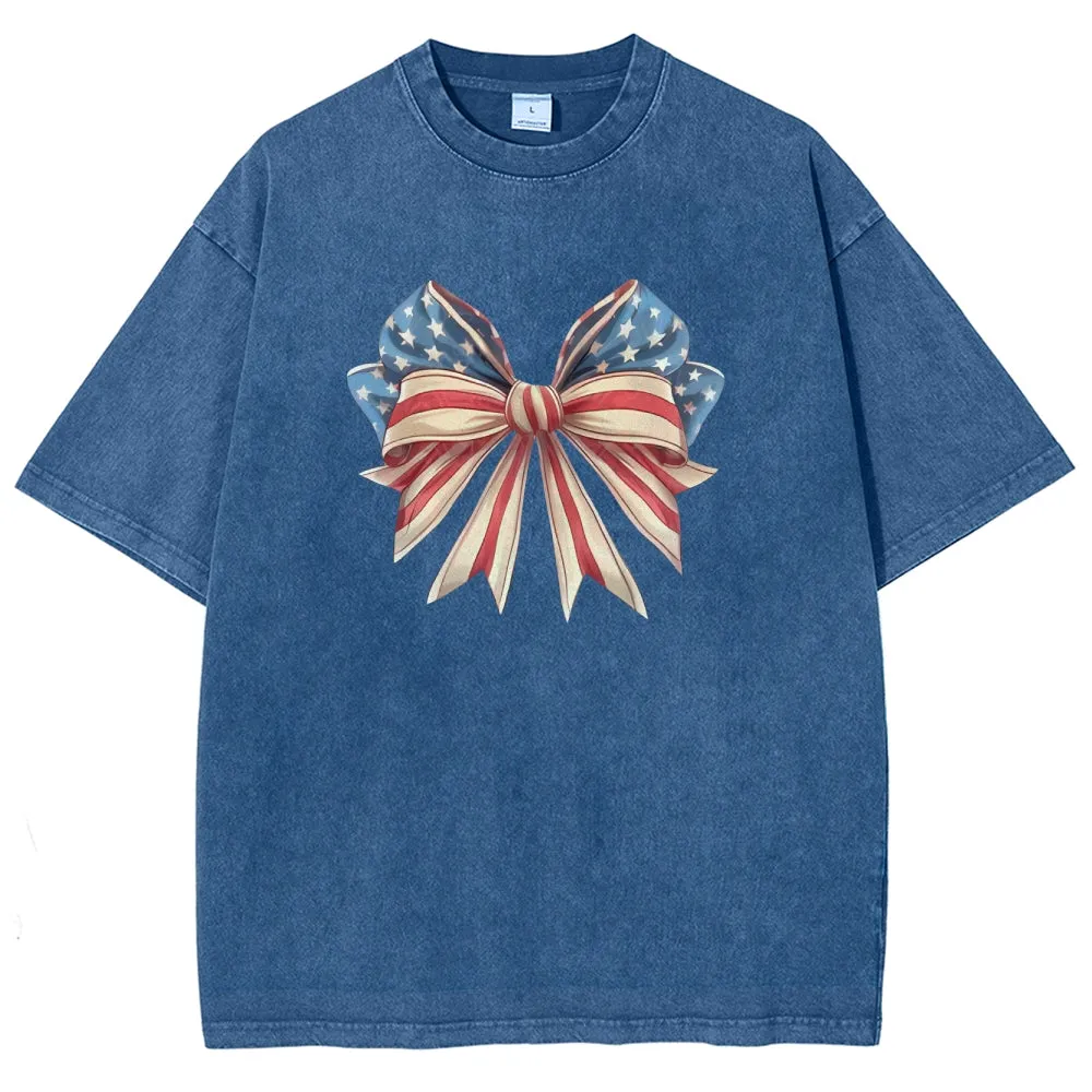 Unisex American Flag Coquette Bow Graphic Vintage Washed Tee