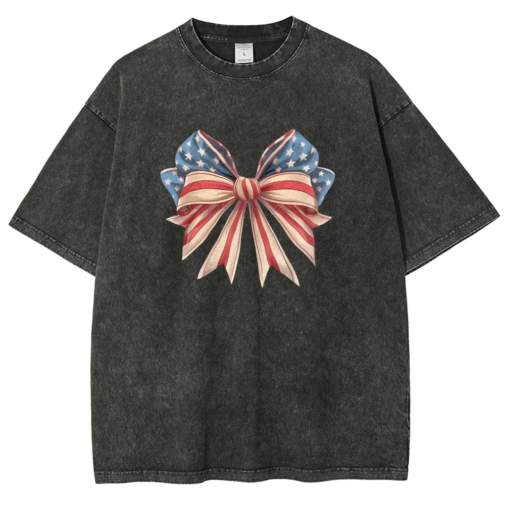Unisex American Flag Coquette Bow Graphic Vintage Washed Tee