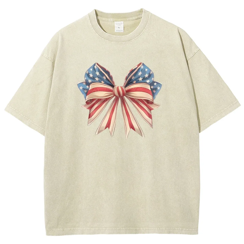Unisex American Flag Coquette Bow Graphic Vintage Washed Tee