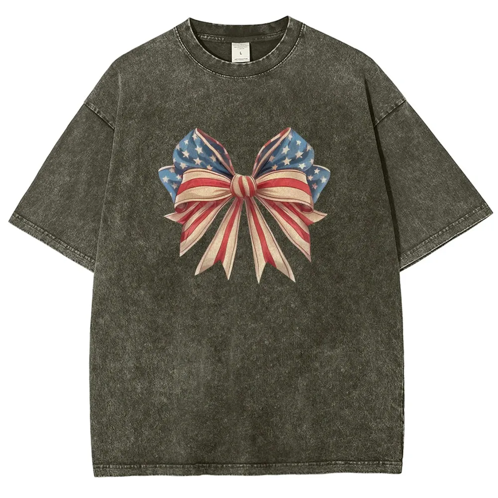 Unisex American Flag Coquette Bow Graphic Vintage Washed Tee