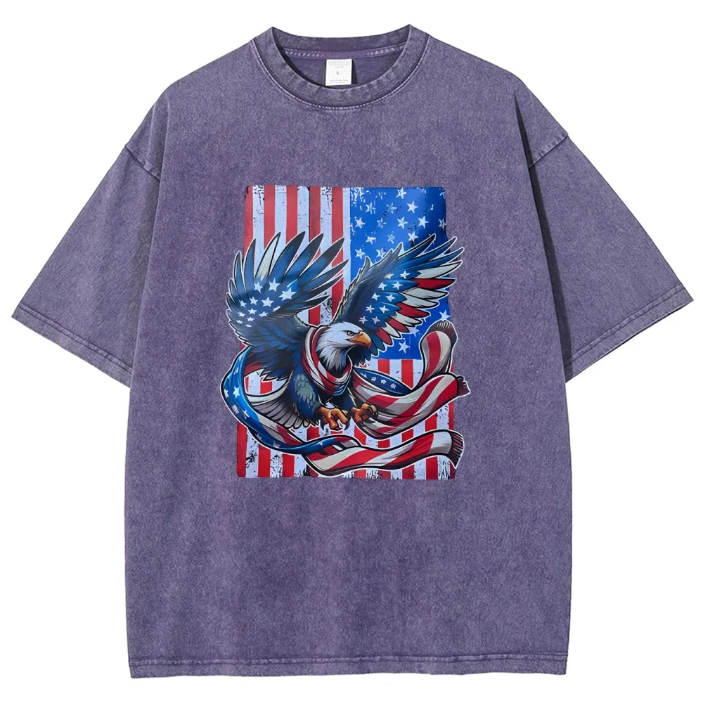 Unisex American Flag Star And Eagle Graphic Vintage Washed Tee