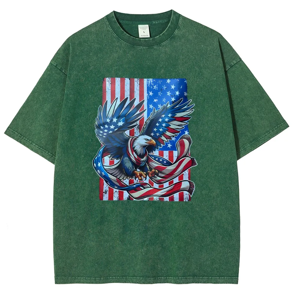 Unisex American Flag Star And Eagle Graphic Vintage Washed Tee