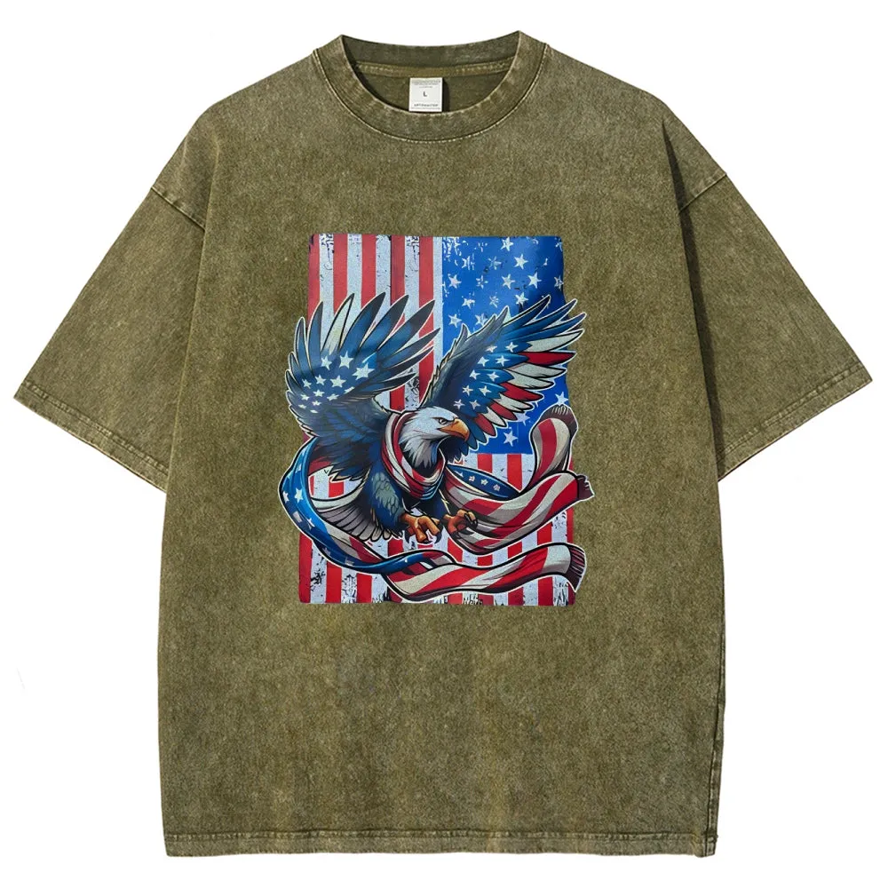 Unisex American Flag Star And Eagle Graphic Vintage Washed Tee