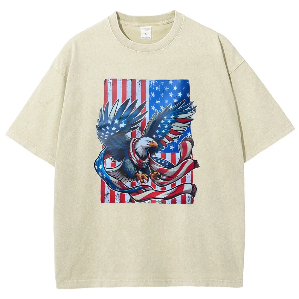 Unisex American Flag Star And Eagle Graphic Vintage Washed Tee