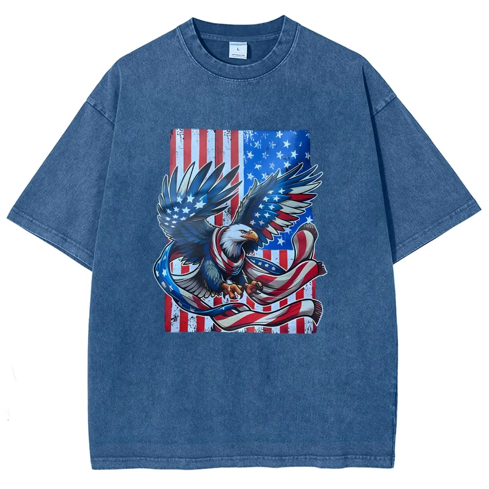 Unisex American Flag Star And Eagle Graphic Vintage Washed Tee