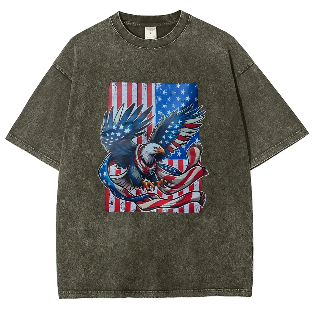 Unisex American Flag Star And Eagle Graphic Vintage Washed Tee