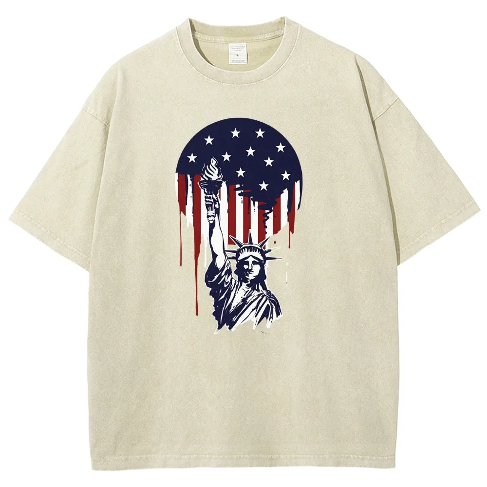 Unisex American Flag Star And Freedom Graphic Vintage Washed Tee