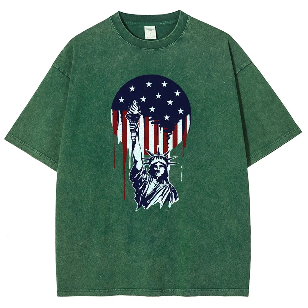 Unisex American Flag Star And Freedom Graphic Vintage Washed Tee
