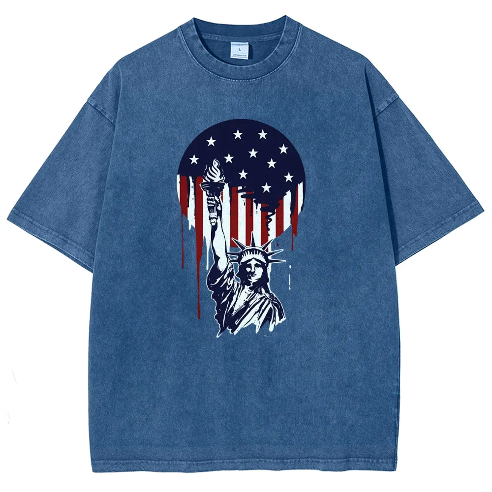 Unisex American Flag Star And Freedom Graphic Vintage Washed Tee