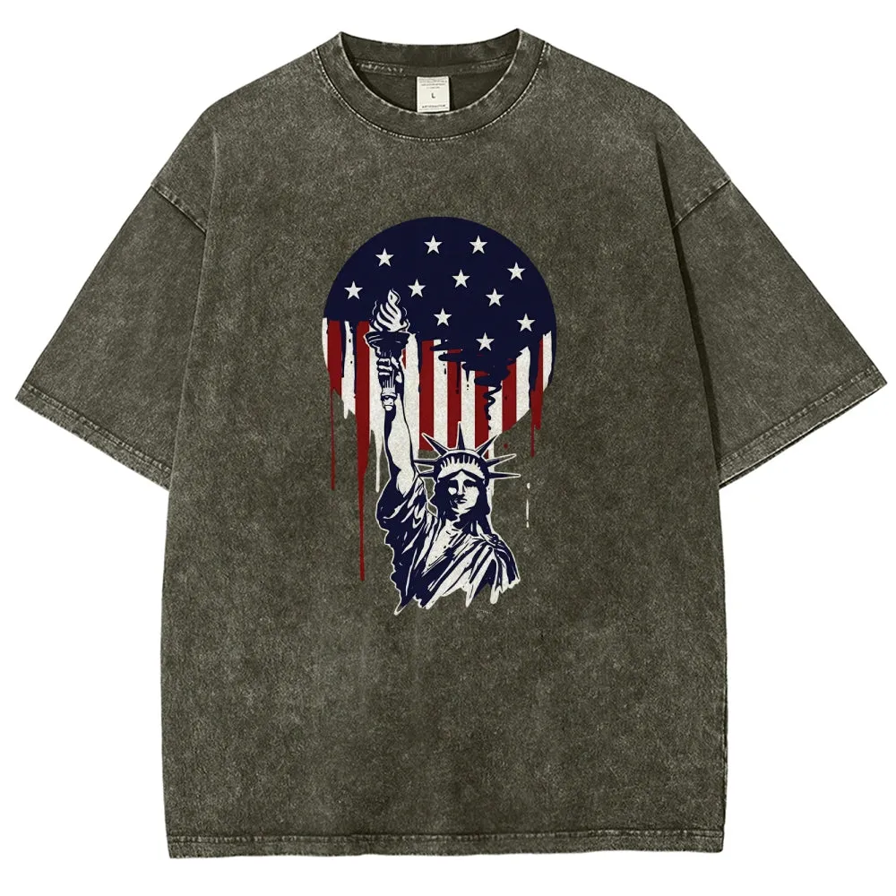 Unisex American Flag Star And Freedom Graphic Vintage Washed Tee