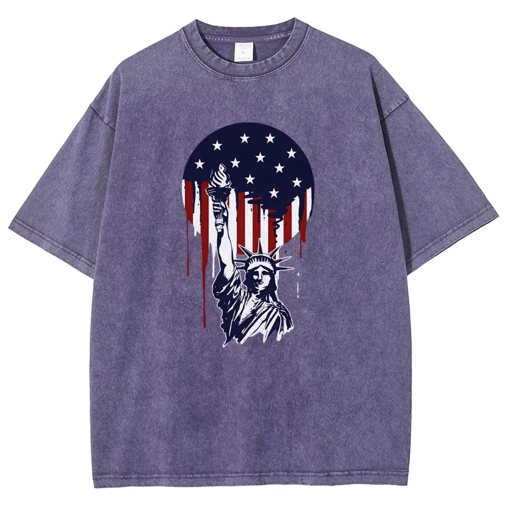 Unisex American Flag Star And Freedom Graphic Vintage Washed Tee