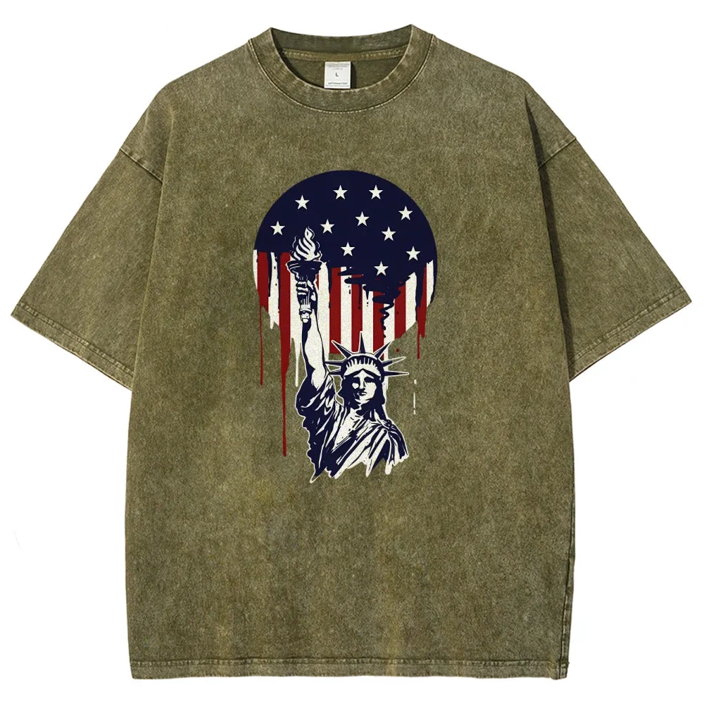 Unisex American Flag Star And Freedom Graphic Vintage Washed Tee