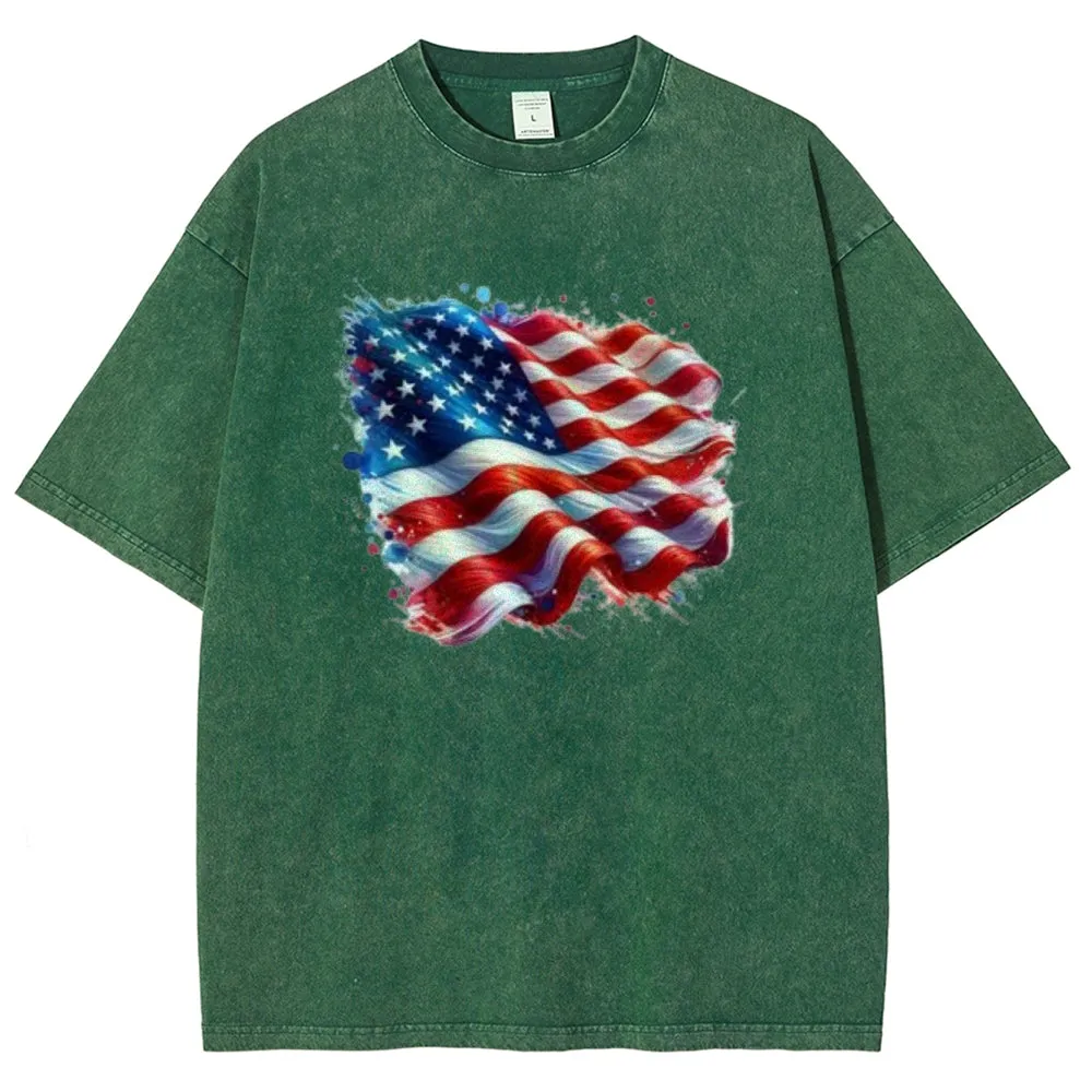 Unisex American Flag Star Graphic Vintage Washed Tee
