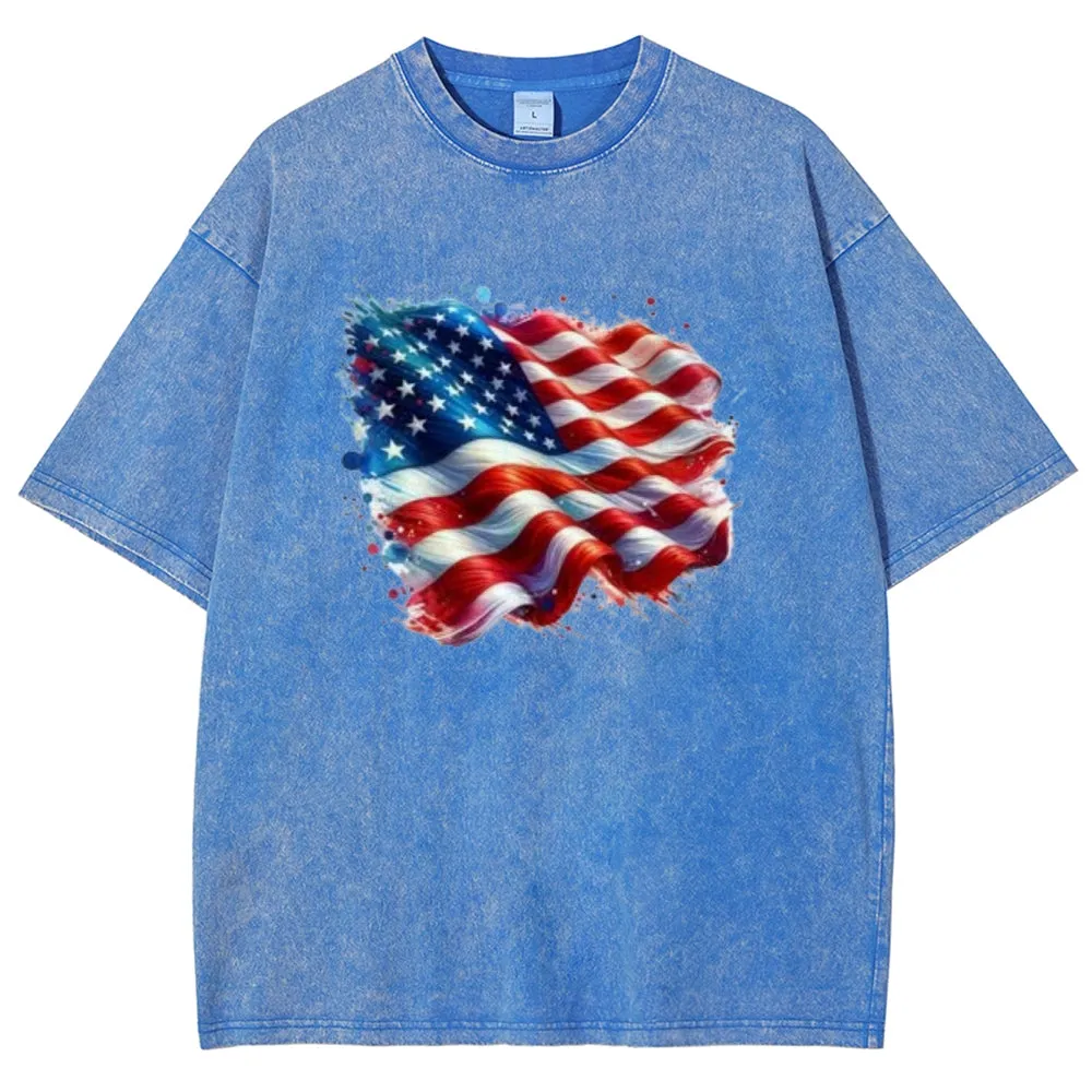Unisex American Flag Star Graphic Vintage Washed Tee