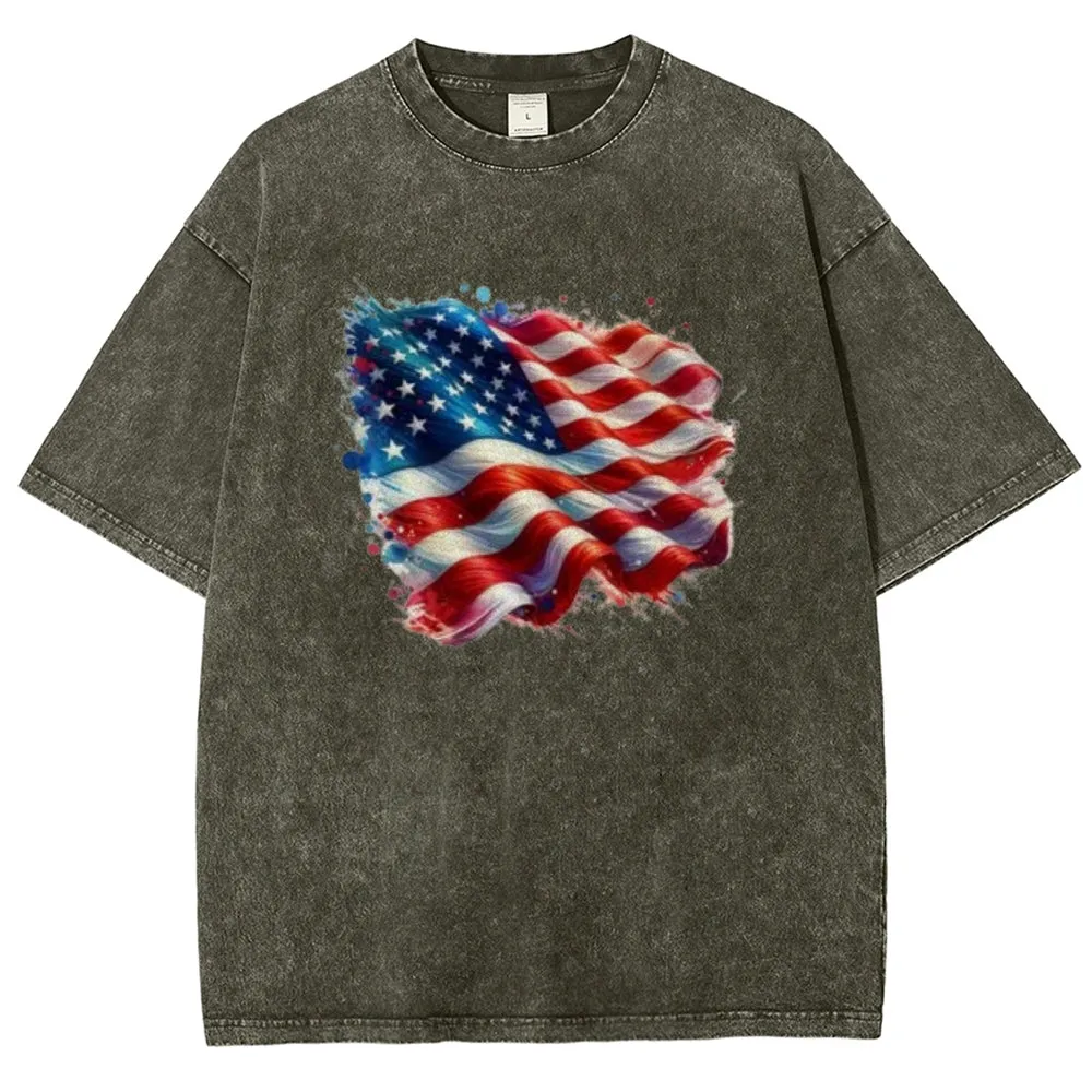 Unisex American Flag Star Graphic Vintage Washed Tee