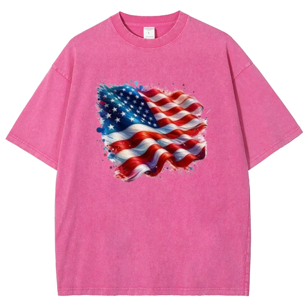 Unisex American Flag Star Graphic Vintage Washed Tee