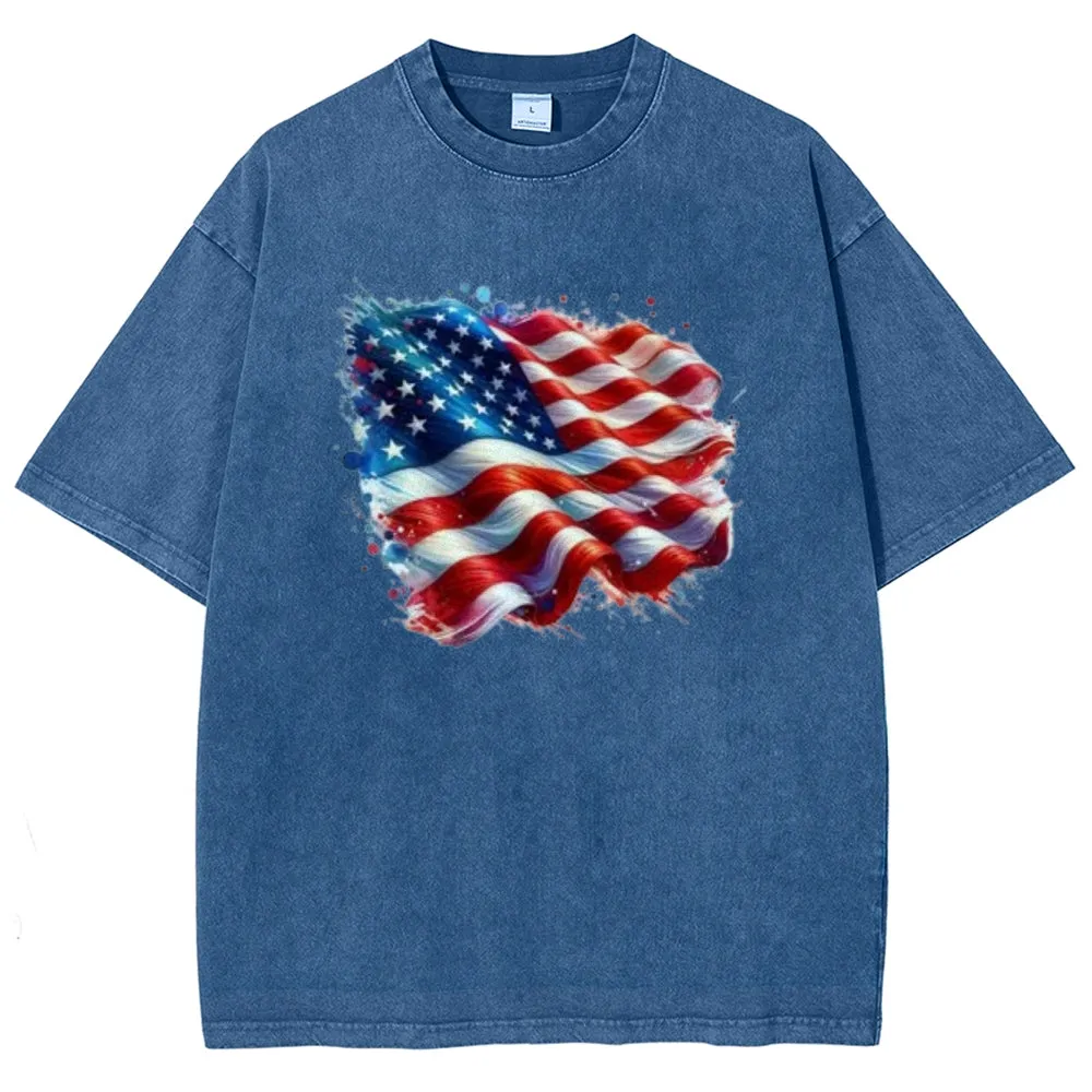 Unisex American Flag Star Graphic Vintage Washed Tee