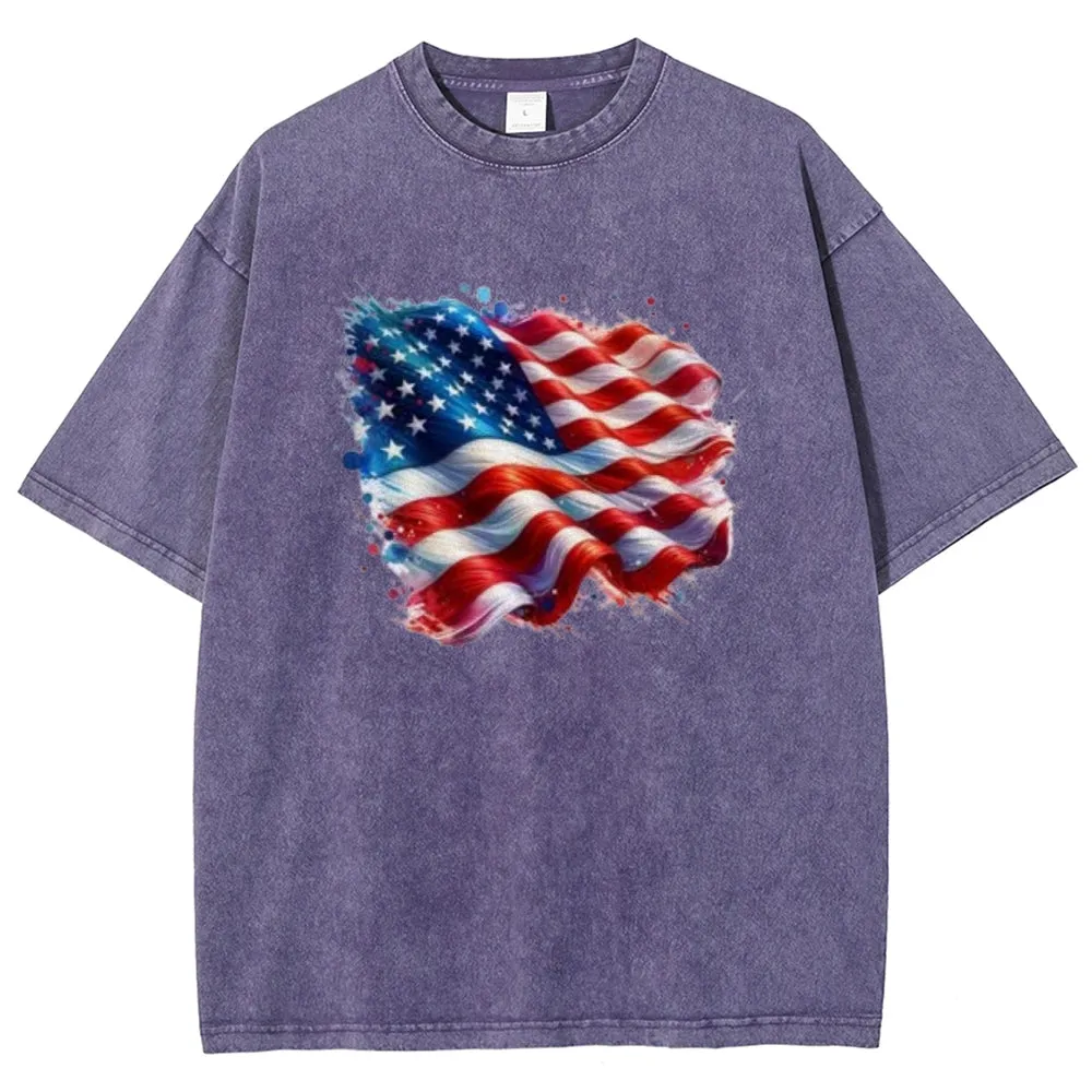 Unisex American Flag Star Graphic Vintage Washed Tee