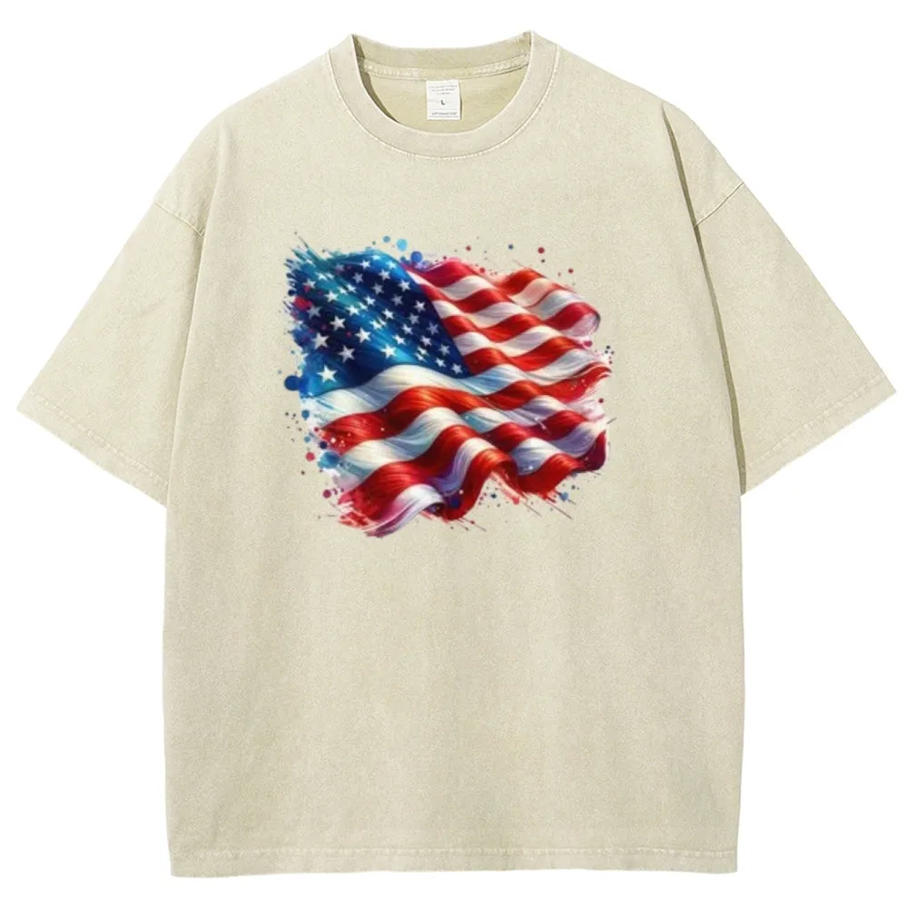 Unisex American Flag Star Graphic Vintage Washed Tee